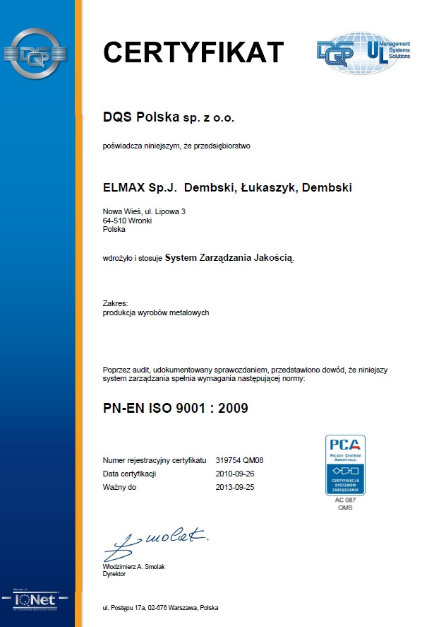 Certyfikat PN-EN ISO 9001:2009