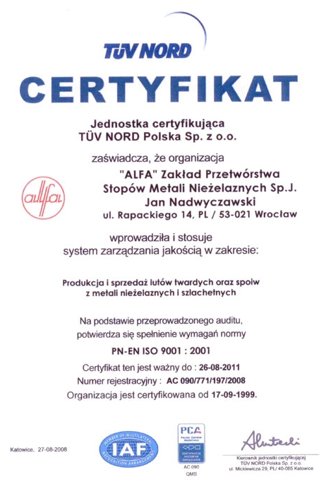 Certyfikat PN-EN ISO 9001:2001 dla firmy Alfa