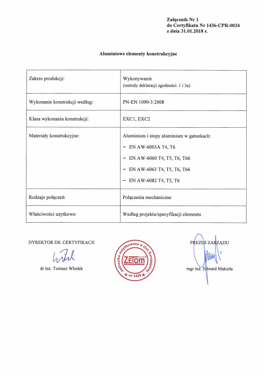 Certyfikat Zakładowej Kontroli Produkcji EN 1090-1