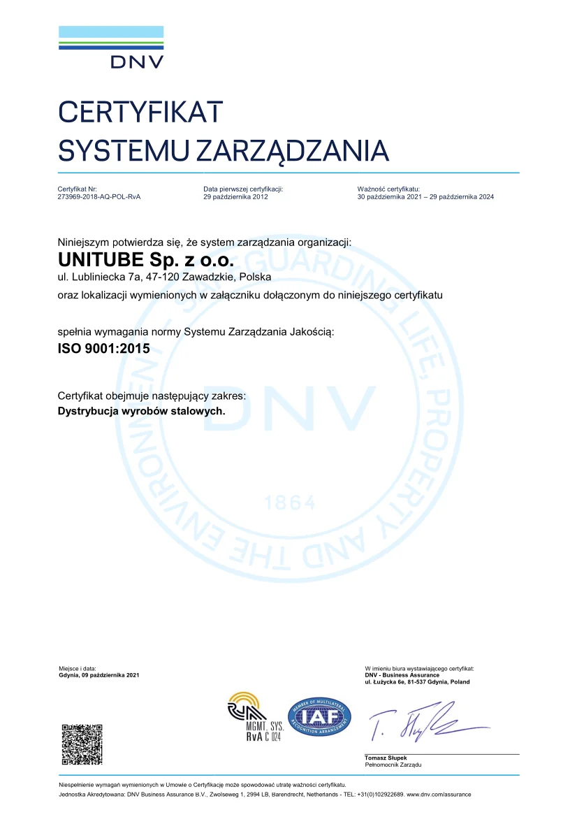 Certyfikat PN-EN ISO 9001:2015 (2021)