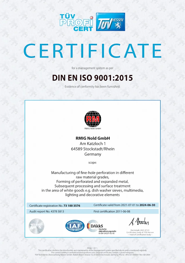Certyfikat DIN EN ISO 9001:2015 dotyczący RMIG Nold GmbH, Niemcy.