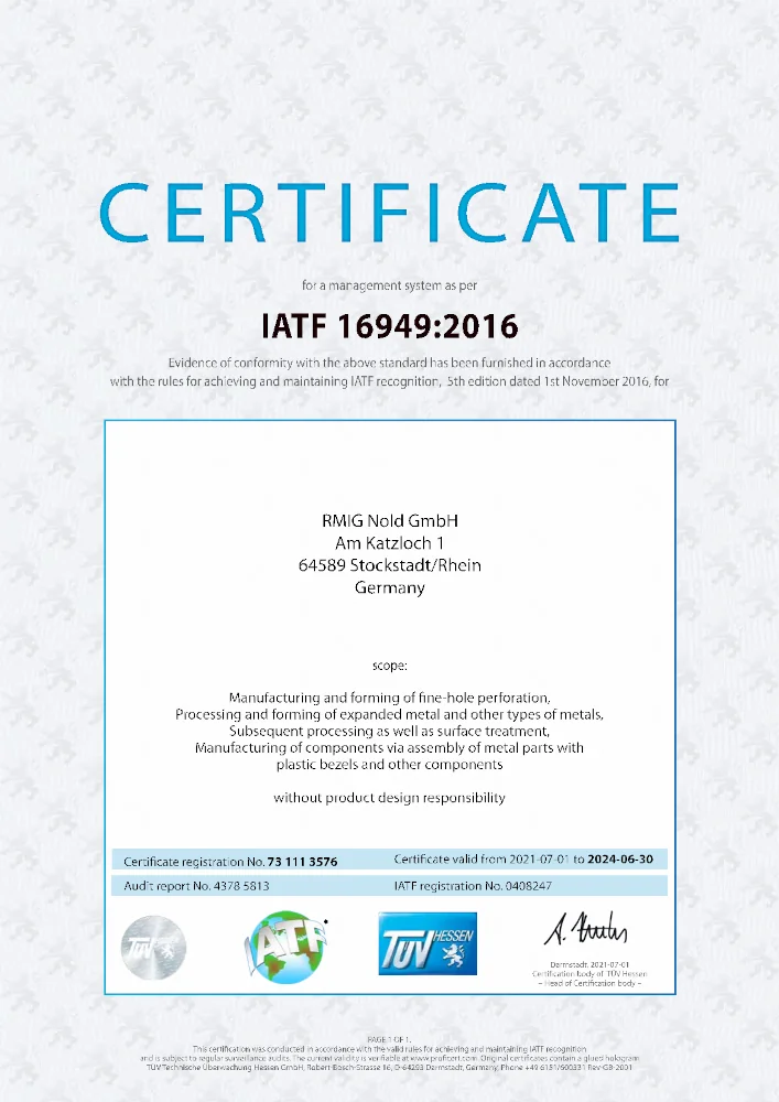 Certyfikat IATF 16949:2016 dotyczący RMIG Nold GmbH, Niemcy.