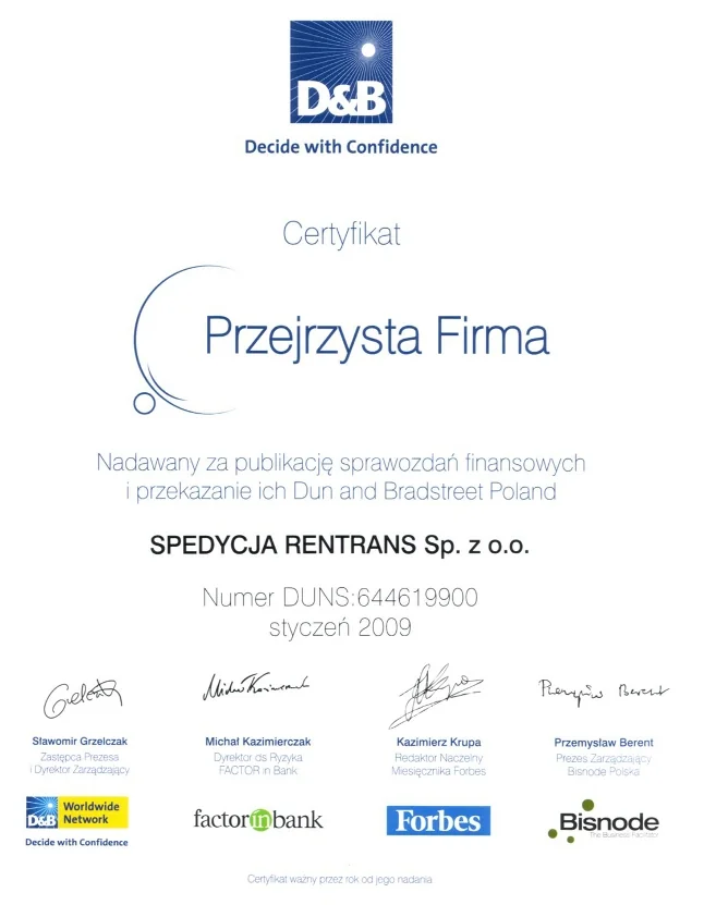 Certyfikat Przejrzysta Firma 2009