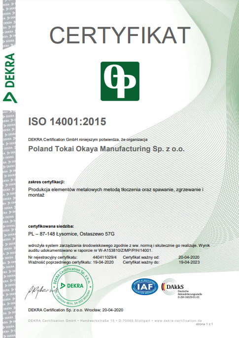 Certyfikat ISO 14001:2015 