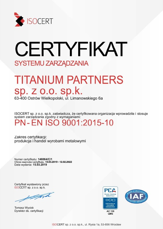 Certyfikat PN-EN ISO 9001:2015-10