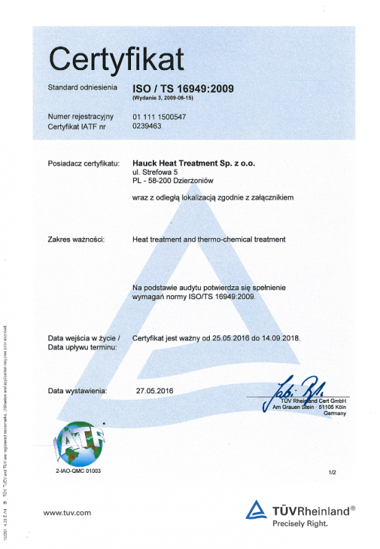 Certyfikat ISO/TS 16949:2009 HAUCK HEAT TREATMENT SP.Z.O.O.