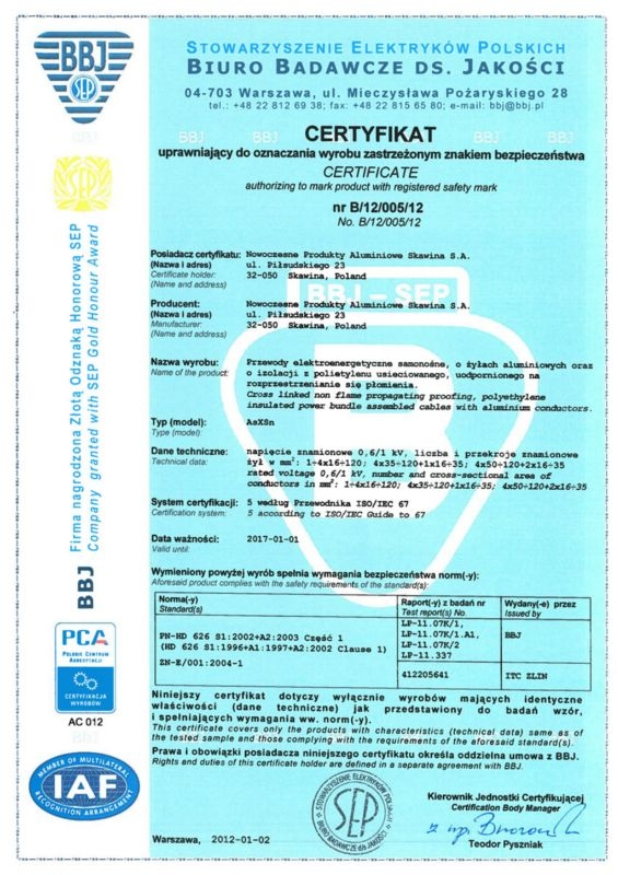 Certyfikat Stowarzyszenie Elektryków Polskich Boryszew S.A. Oddział Nowoczesne Produkty Aluminiowe Skawina