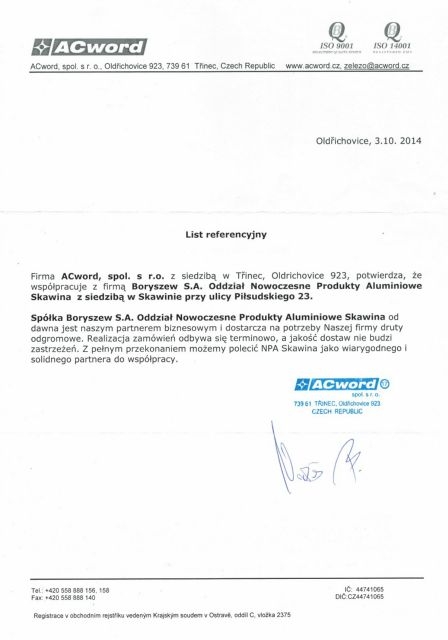 List referencyjny - ACword spol. s.r.o Boryszew S.A. Oddział Nowoczesne Produkty Aluminiowe Skawina 
