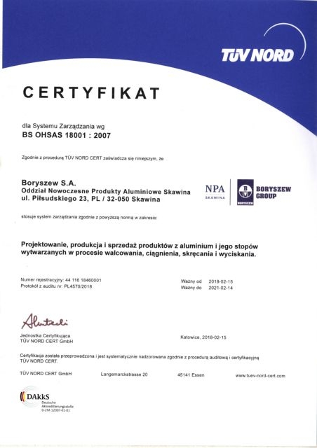Certyfikat BS OHSAS 18001:2007 Boryszew NPA