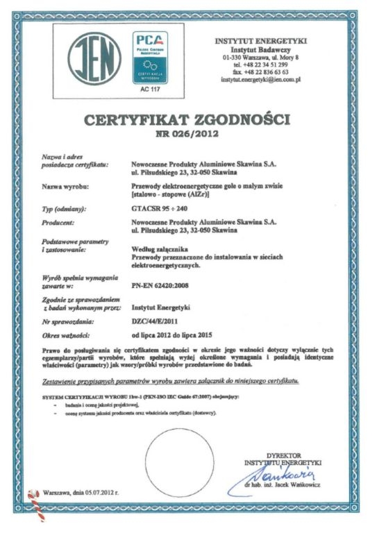 Certyfikat Zgodności nr 026/2012 Boryszew S.A. Oddział Nowoczesne Produkty Aluminiowe Skawina 