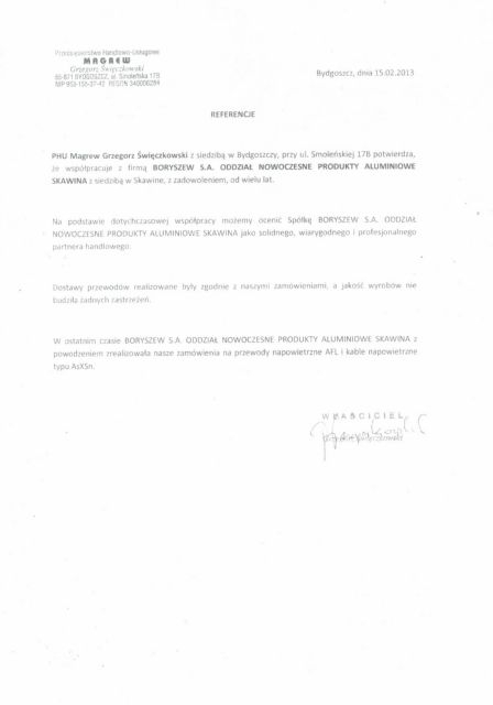 List referencyjny - PHU Magrew Grzegorz Święczkowski Boryszew S.A. Oddział Nowoczesne Produkty Aluminiowe Skawina 