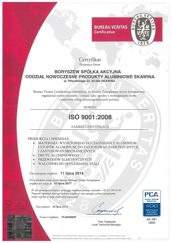 Certyfikat ISO 9001:2008 Boryszew S.A. Oddział Nowoczesne Produkty Aluminiowe Skawina 