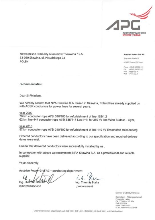 Referencje - Austrian Power Grid  Boryszew S.A. Oddział Nowoczesne Produkty Aluminiowe Skawina 
