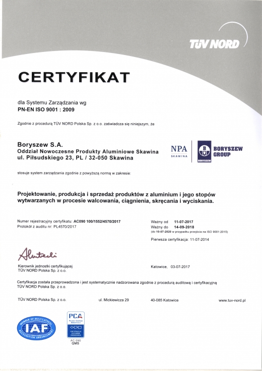 Certyfikat PN-EN ISO 9001:2009 NPA Boryszew