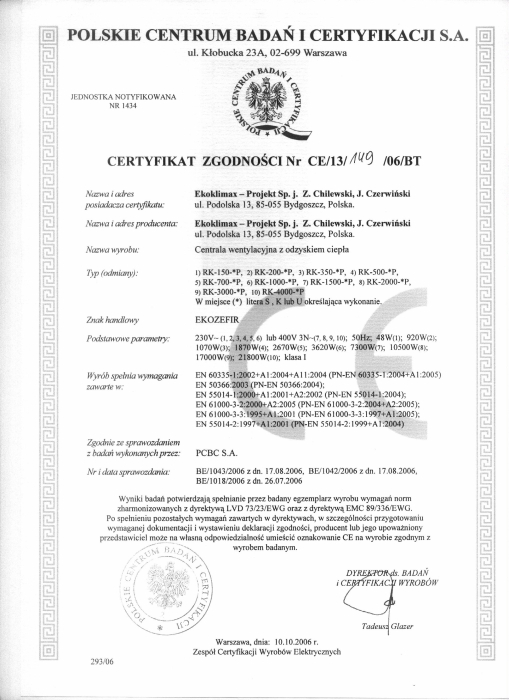 Certyfikat Zgodności CE Ekoklimax-Projekt Sp. J.