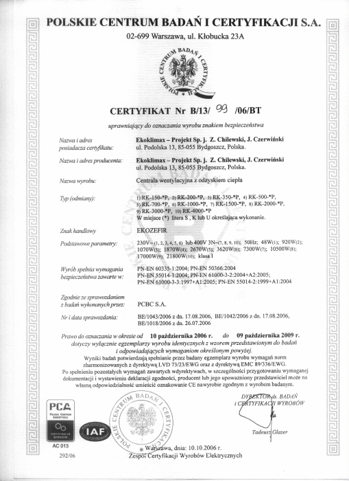 Certyfikat nr B/13/99/06/BT Ekoklimax-Projekt Sp. J.