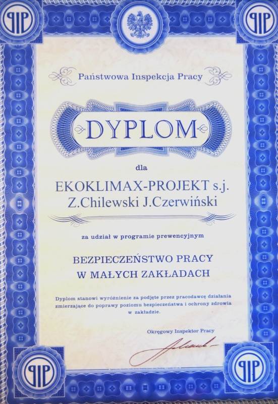 Dyplom PIP dla Ekoklimax-Projekt Sp. J.