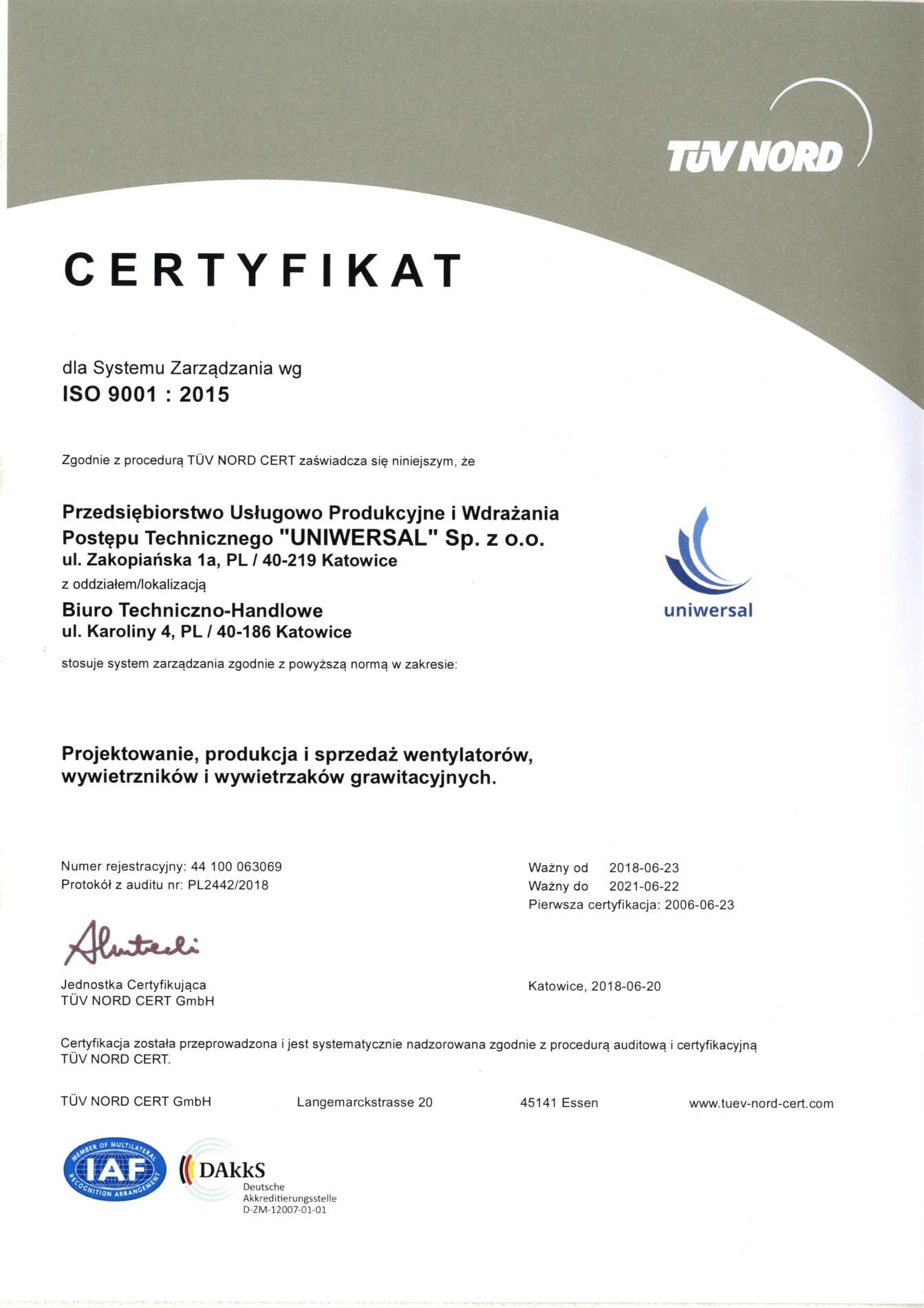 Certyfikat dla Systemu Zarządzania wg ISO 9001 : 2015
