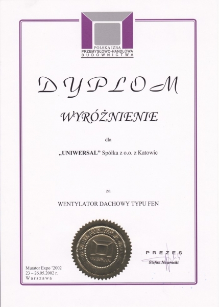 Dyplom - Murator Expo 2002 dla firmy Uniwersal