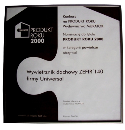 Nominacja do tytułu Produkt Roku 2000 firma Uniwersal