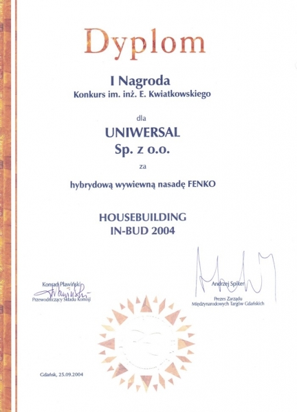 I Nagroda im. inż. E.Kwiatkowskiego - HOUSEBUILDING IN-BUD 2004 dla firmy Uniwersal