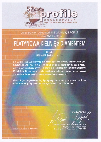 Platynowa Kielnia z Diamentem dla firmy Uniwersal