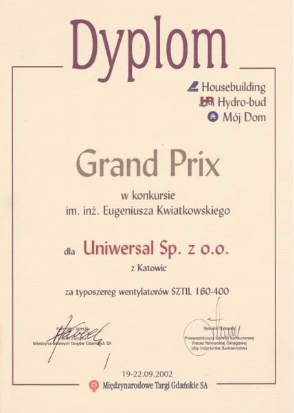 Dyplom Grand prix w konkursie im. in. Eugeniusza Kwiatkowskiego dla firmy Uniwersal