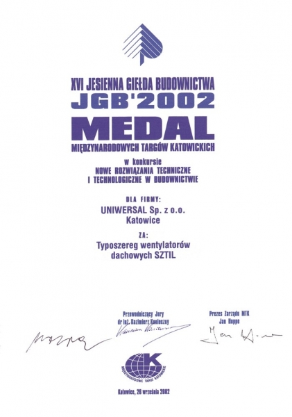 Medal Międzynarodowych Targów Katowickich - JGB 2002 dla firmy Uniwersal