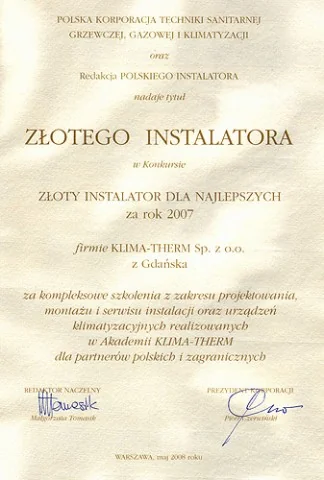 Złoty Instalator dla Najlepszych za rok 2007