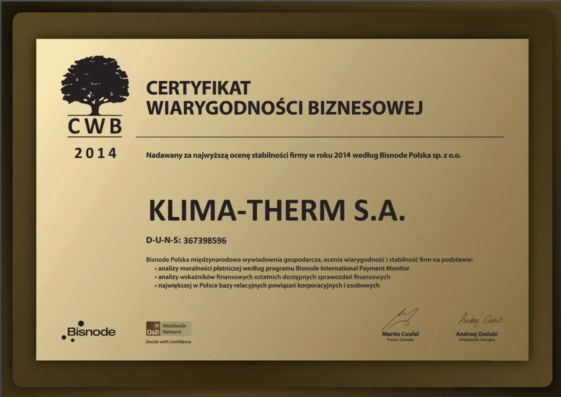 Certyfikat Wiarygodności Biznesowej (2014)