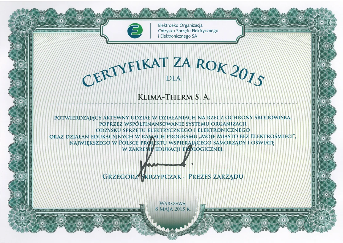 Certyfikat Elektroeko 2015