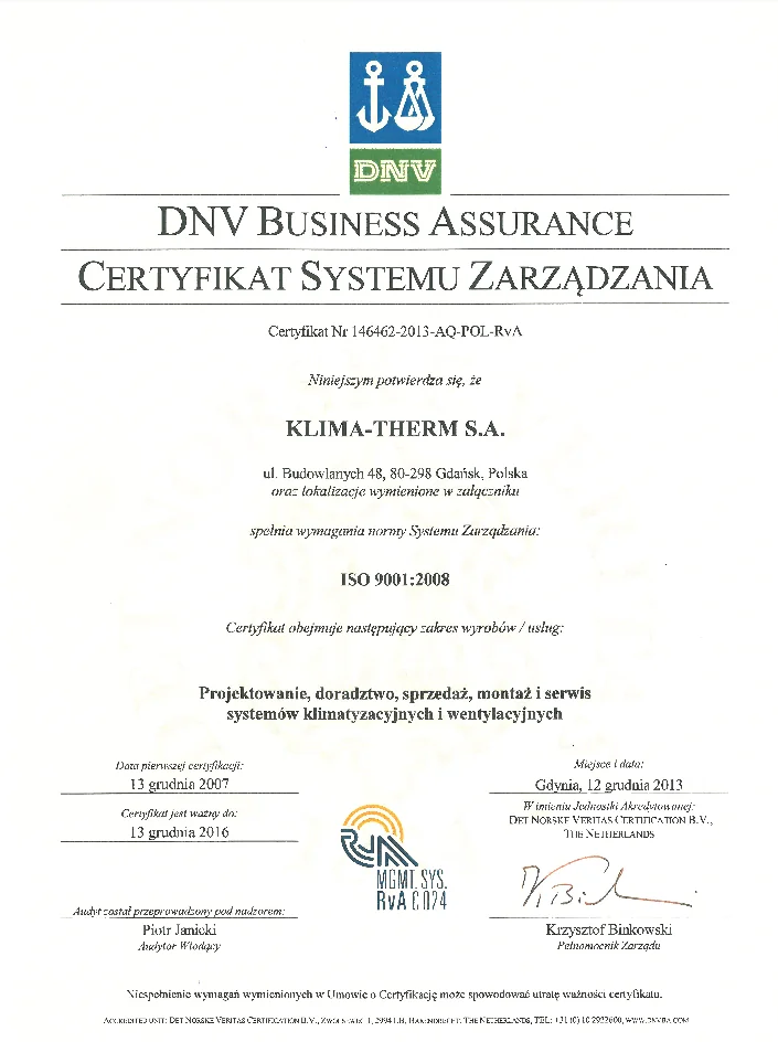 Certyfikat Systemu Zarządzania ISO 9001:2008 (2016)