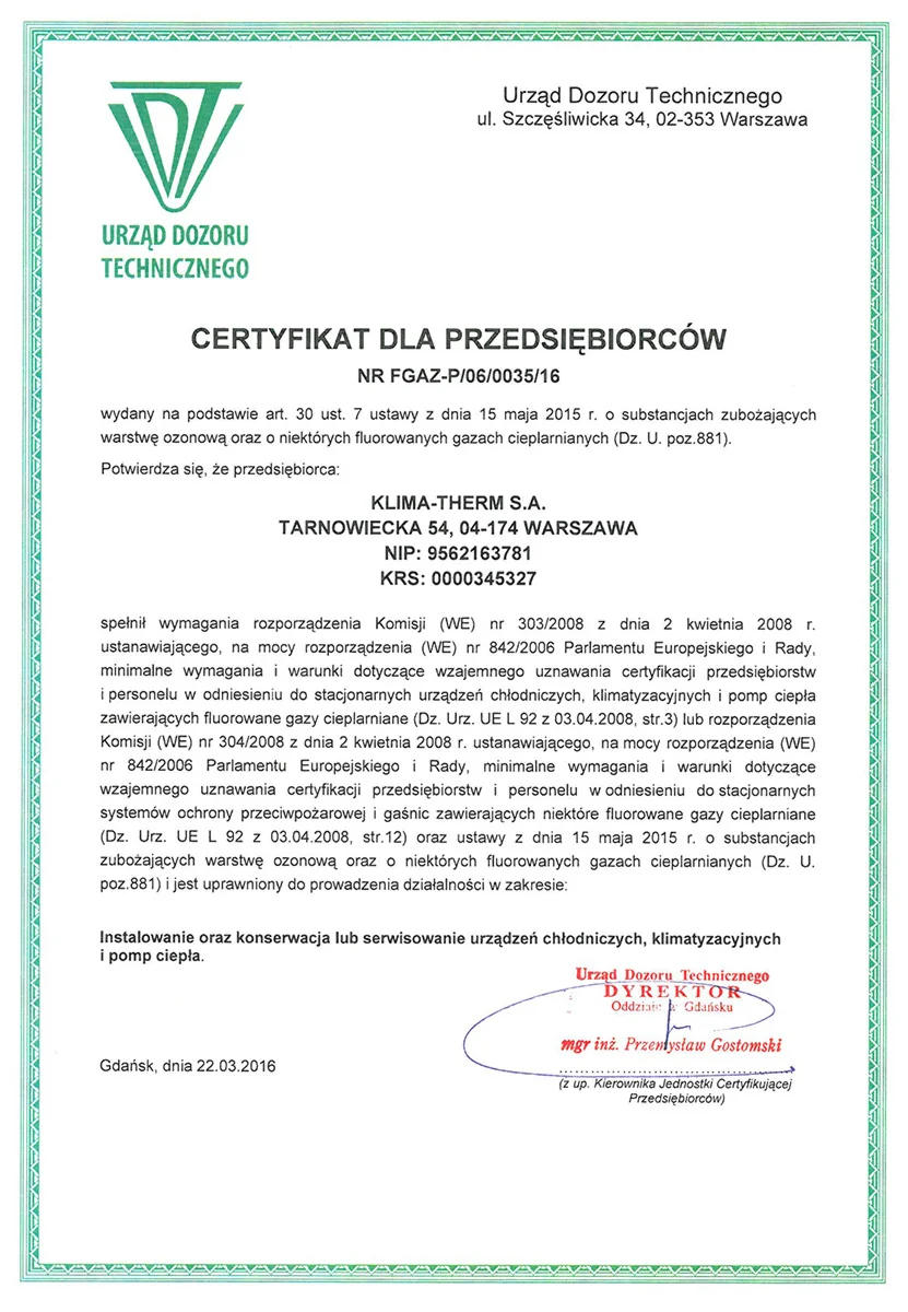 Certyfikat UDT Certyfikat F gazowy (2016)