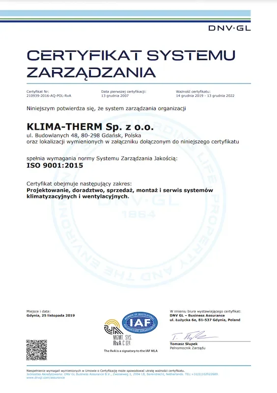 Certyfikat Systemu Zarządzania ISO 9001:2015 (2019)