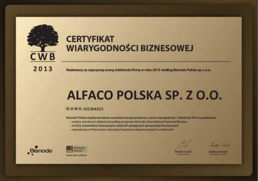 Certyfikat wiarygodności biznesowej 2013 ALFACO Polska