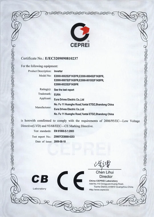 Certyfikat LVD/CE - Zasilanie 1f~230V, moc od 0,25kW do 2,20kW HF Inverter