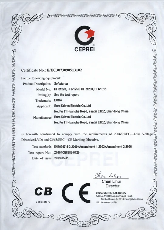 Certyfikat LVD/CE - Zasilanie 3f~400V, moc od 220kW do 315kW HF Inverter
