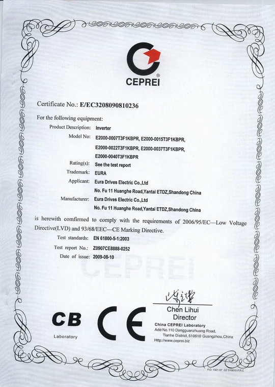 Certyfikat LVD/CE - Zasilanie 3f~400V, moc od 0,75kW do 4,00kW HF inverter
