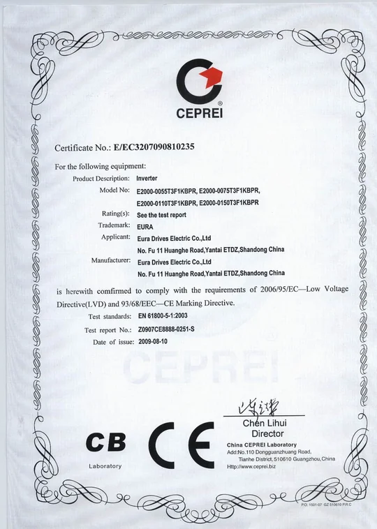 Certyfikat LVD/CE - Zasilanie 3f~400V, moc od 5,50kW do 15,0kW HF Inverter