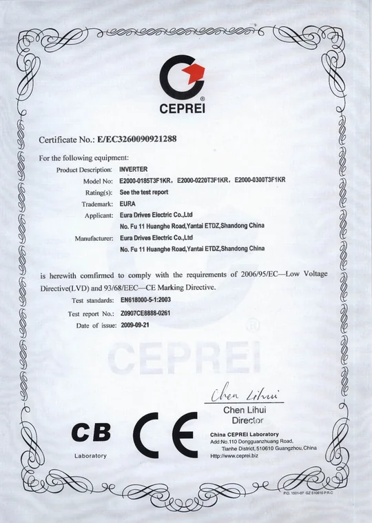 Certyfikat LVD/CE - Zasilanie 3f~400V, moc od 18,5kW do 30,0kW HF Inverter