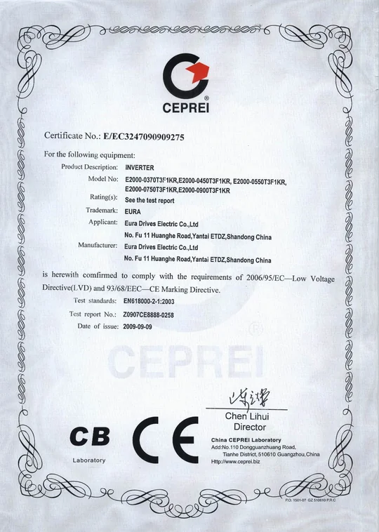 Certyfikat LVD/CE - Zasilanie 3f~400V, moc od 37,0kW do 90,0kW HF Inverter