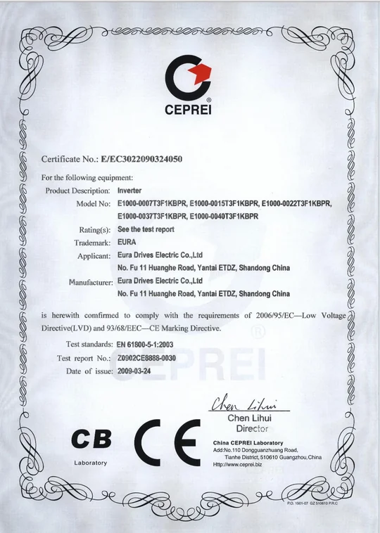 Certyfikat LVD/CE - Zasilanie 3f~400V, moc od 0,75kW do 4,00kW HF Inverter