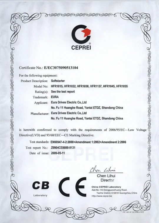 Certyfikat LVD/CE - Zasilanie 3f~400V, moc od 15,0kW do 55,0kW HF Inverter