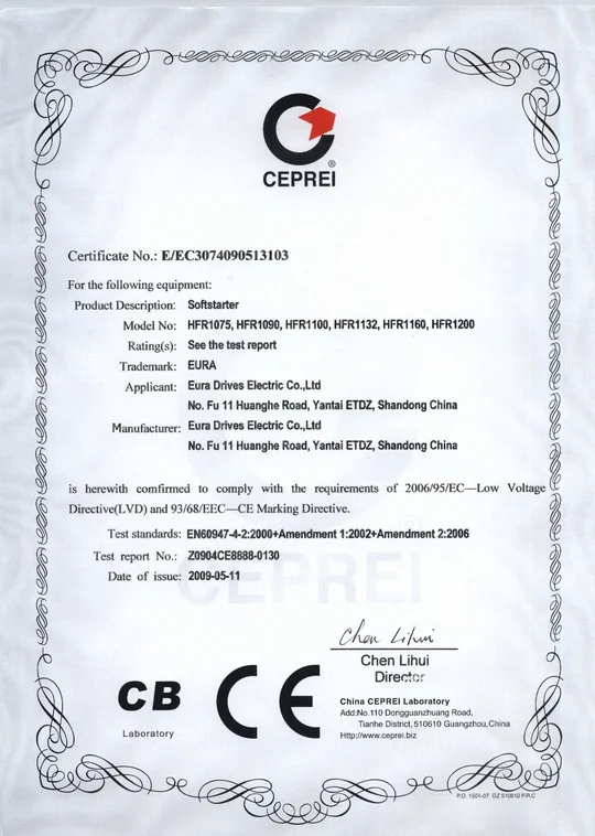 Certyfikat LVD/CE - Zasilanie 3f~400V, moc od 75,0kW do 200kW HF Inverter