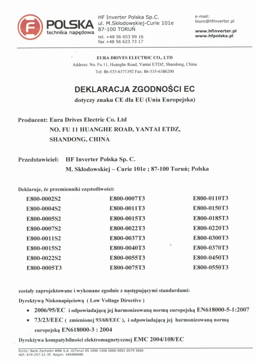 Deklaracja zgodności - Przemienniki częstotliwości EURA® E-800 HF Inverter