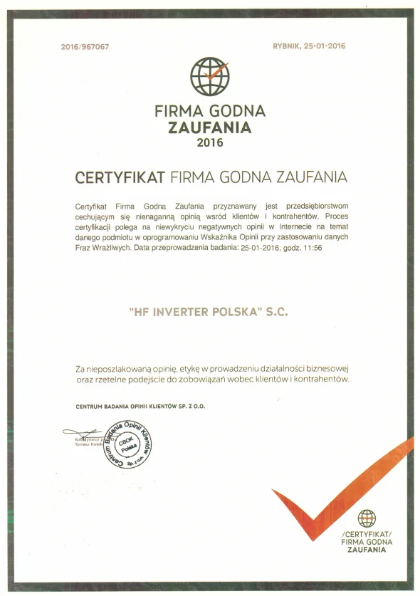 Certyfikat - Firma godna zaufania (2016)