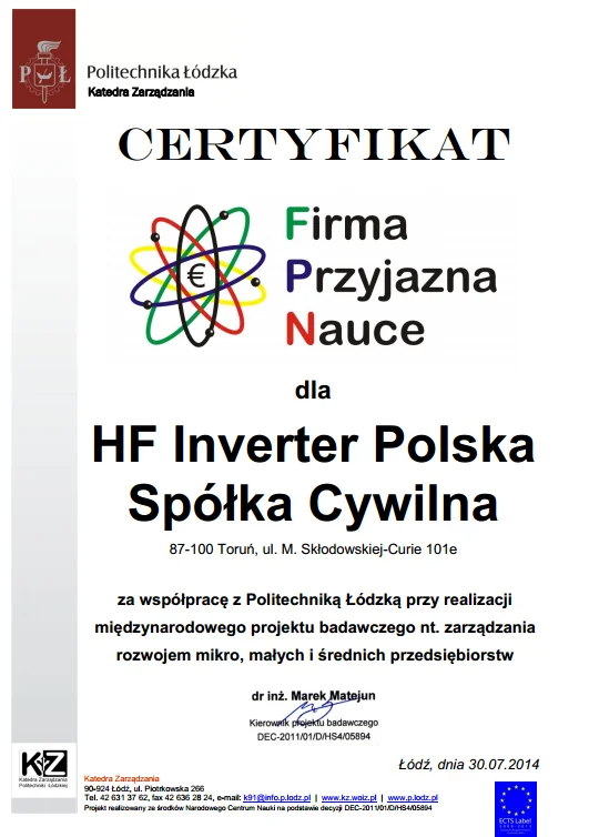 Certyfikat Firma Przyjazna Nauce HF Inverter