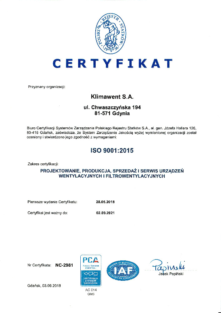 Certyfikat ISO 9001:2015