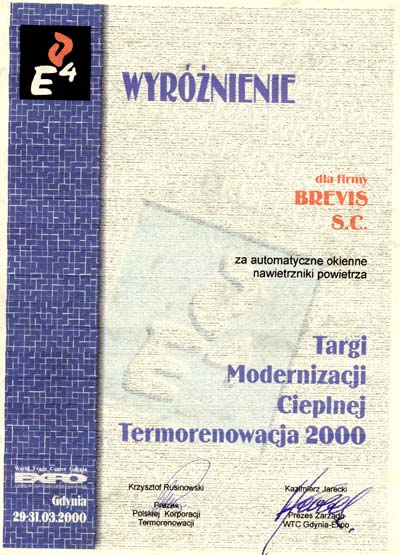 Wyróżnienie na Targach Modernizacji Cieplnej TERMORENOWACJA 2000 BREVIS