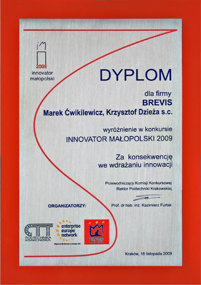 Wyróżnienie w konkursie INNOVATOR MAŁOPOLSKI 2009 BREVIS